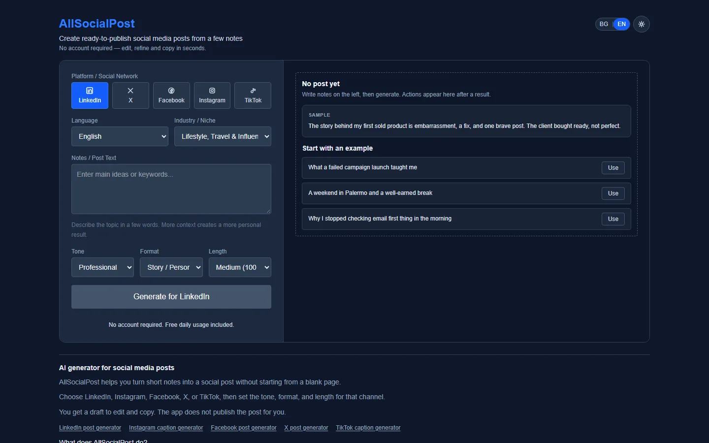 AllSocialPost — From short notes to a ready-to-publish social post.