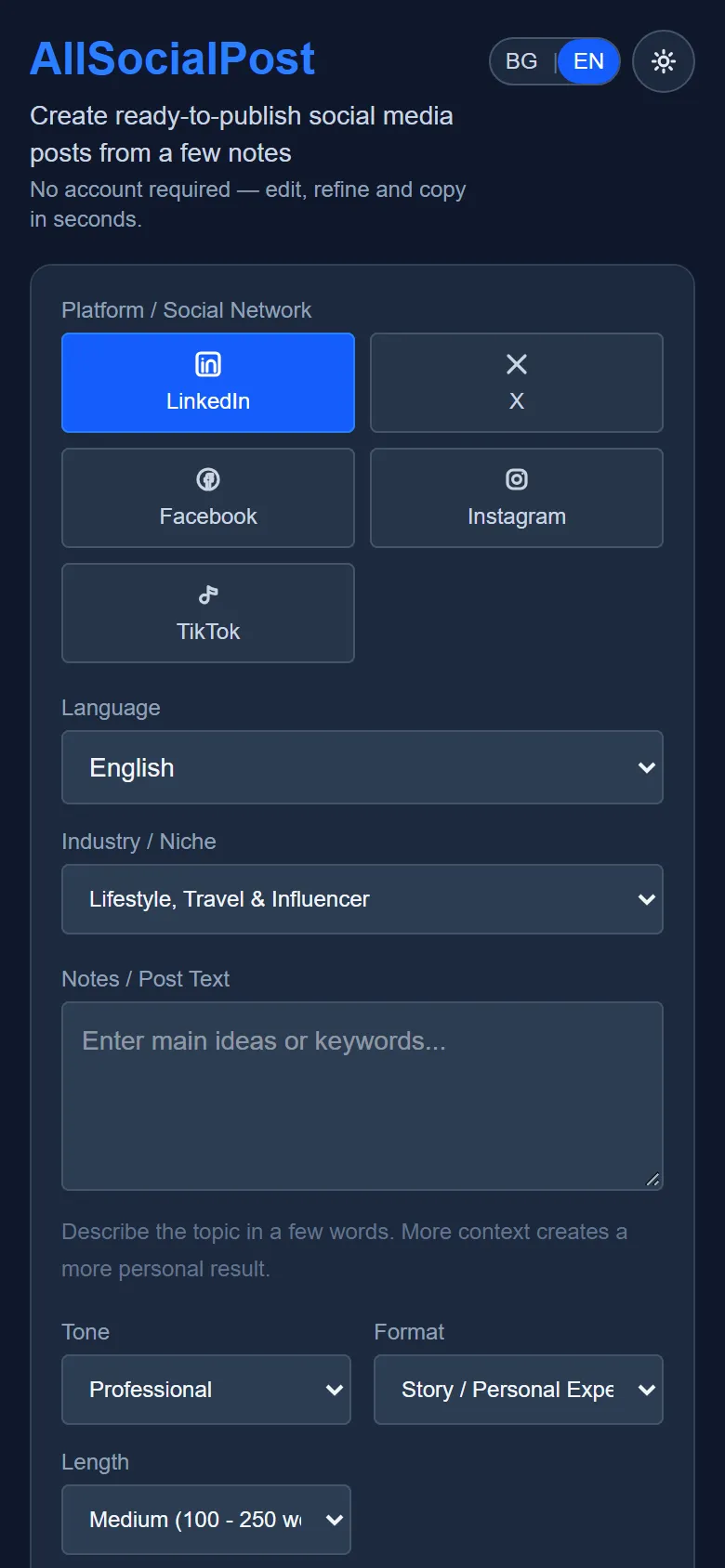 AllSocialPost — mobile view
