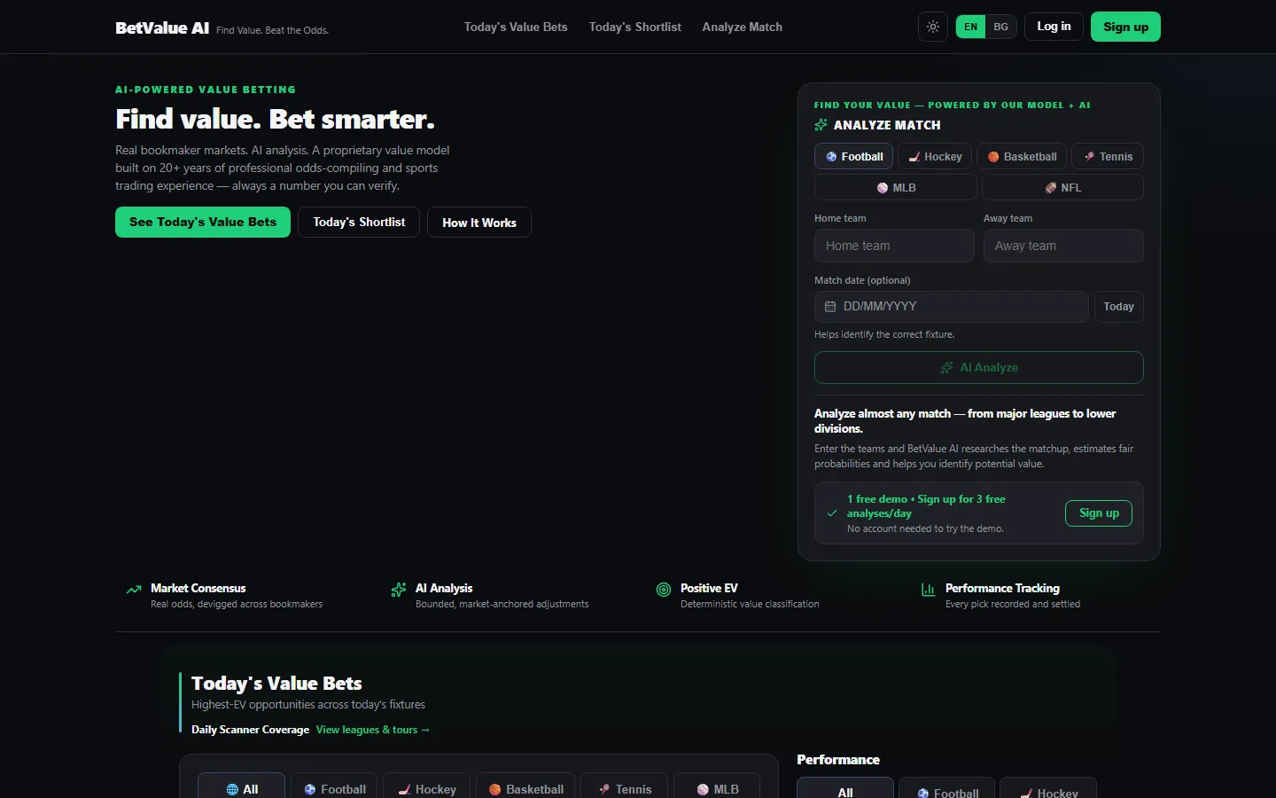 BetValue AI — AI-assisted odds analysis, anchored to the real market.