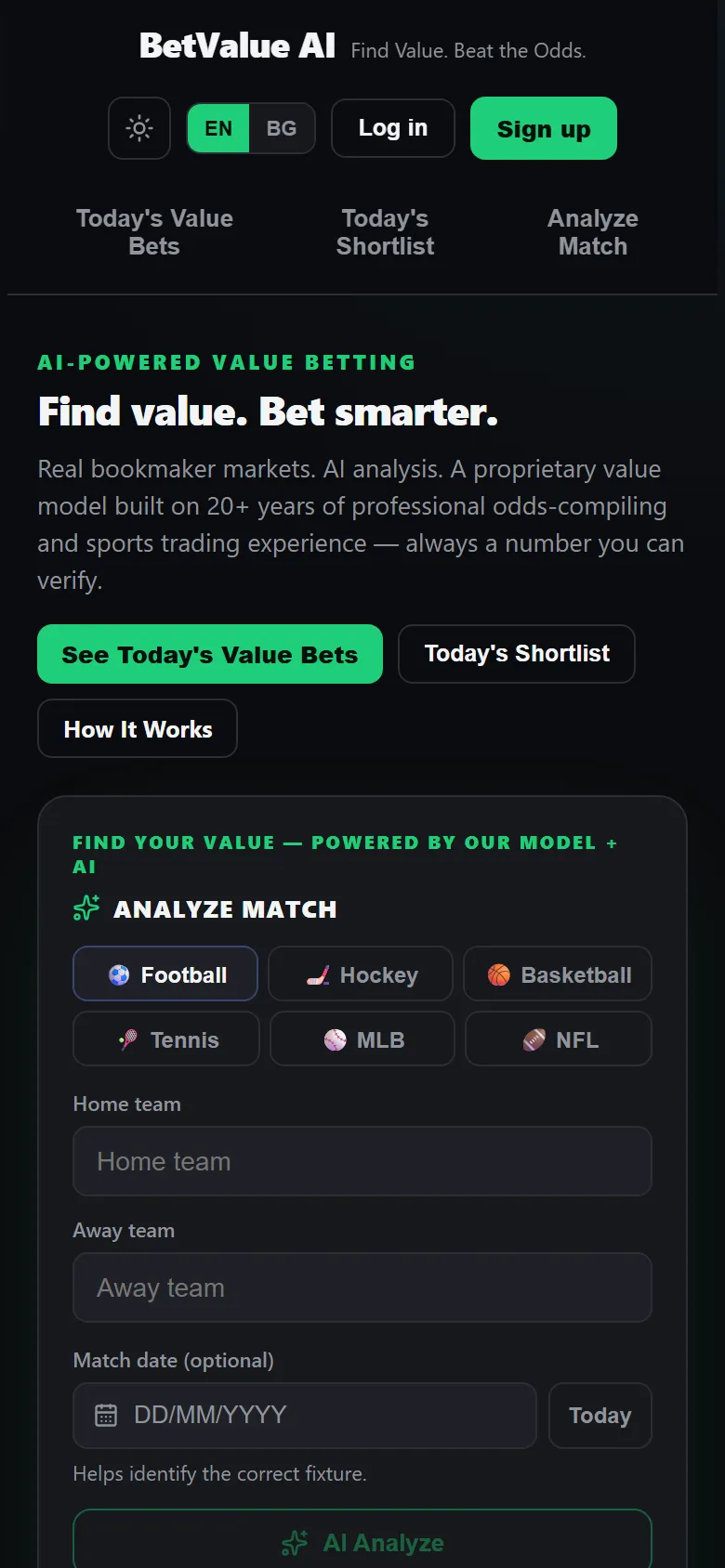 BetValue AI — mobile view
